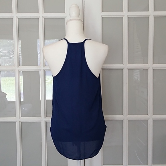 NEW Lily White Sleeveless V Neck Navy Chiffon Surplus Wrap Blouse - Picture 5 of 13